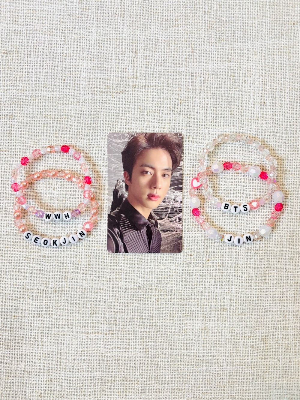 (5pcs) BTS JIN BIAS PINK & WHITE BRACELET BUNDLE + MOTS OFFICIAL PHOTOCARD